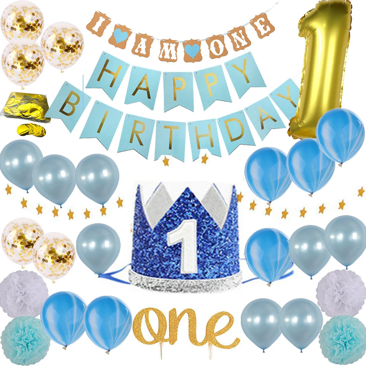 The 1st Birthday Party Decor Supplies Set Latex and Foil Balloons Cake Topper Happy Birthday Banner Paper Flowers New