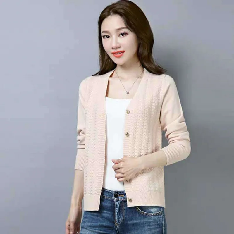 PEONFLY Women's Cardigan Sweaters Female Blue White Sweater V Neck Single Breasted Sweater Woman Knitted Cardigan images - 6