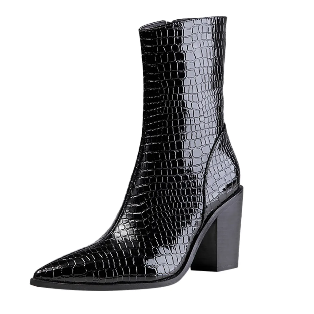 Зимние ботинки со змеиным принтом Женская Обувь на высоком каблуке женские до