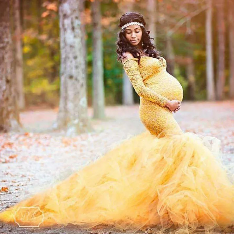 

Maternity Gown Lace Maxi Dress Pregnant Women Clothes Photography Pregnancy Long Sleeve Dresses for Photo Shoot Props Clothing