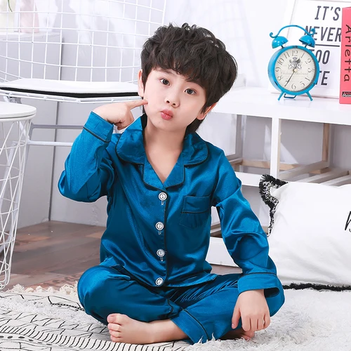 C Q 3571 qian lan Рождественские пижамные наборы для малышей; сезон осень; комплект шелковой одежды для сна с длинными рукавами; однотонная Удобная Ночная одежда для мальчиков и девочек; детский топ - Цвет: C Q 3571 qian lan