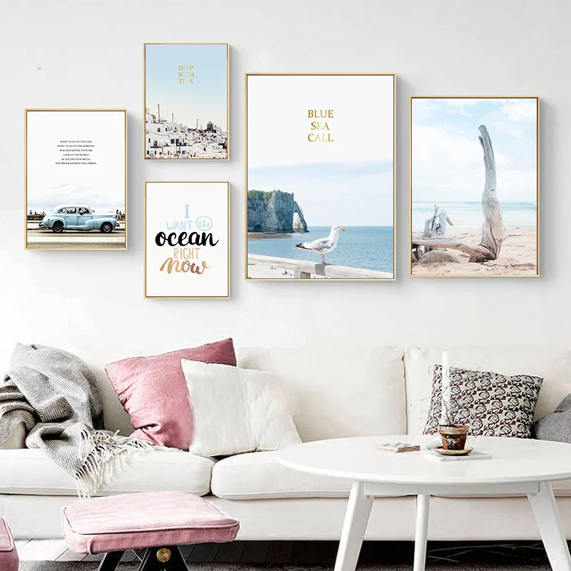 

Scandinavian Vapor Flower Beach Building Wall Poster Nordic Landscape Canvas Print Painting Contemporary Art Decoration Picture