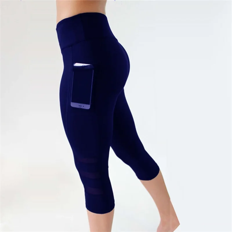 navy blue LAISIYI, женские леггинсы с высокой талией, плюс размер, одноцветные, полиэстер, повседневные, для фитнеса, штаны, дышащие, тянущиеся, сетчатые, леггинсы с карманами - Цвет: navy blue