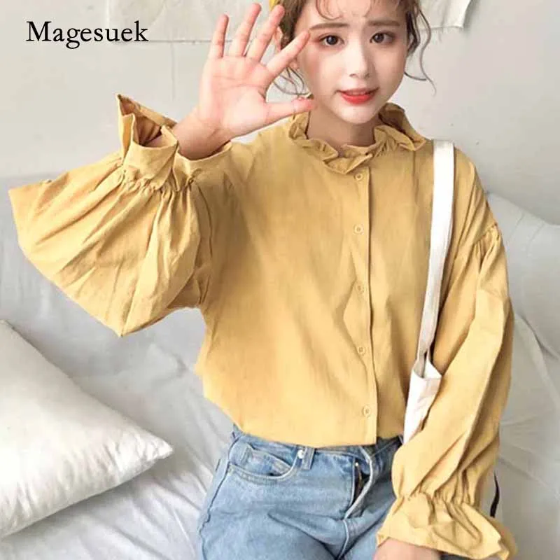 

Women Cardigan Ruffle Collar Clothing Button Up Shirt 2020 Korean Style Solid White Yellow Long Flare Sleeve Blouse Blusas 11250