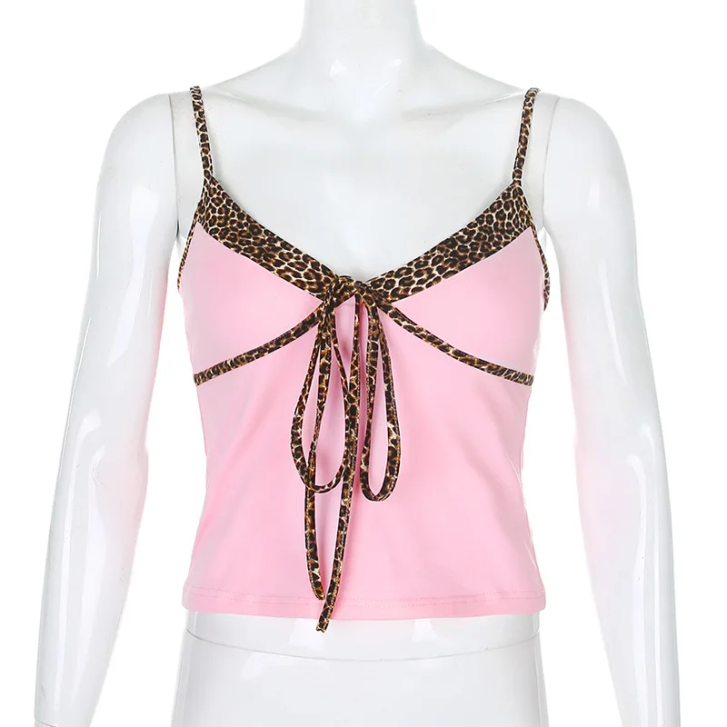 

Harajuku Leopard Patchwork V Neck Crop Top Women Cami Lace Up Strap Pink Sexy Tops Backless Sleeveless Summer Top