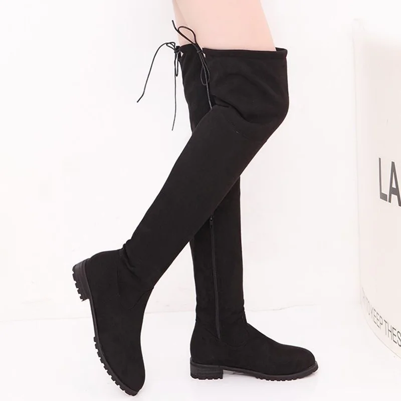 

Women Boots Over Knee Boots Sexy High Boots Women Black Stretch Fabric Shoes Women Side Zipper Ladies Flat Shoes Female Big Size