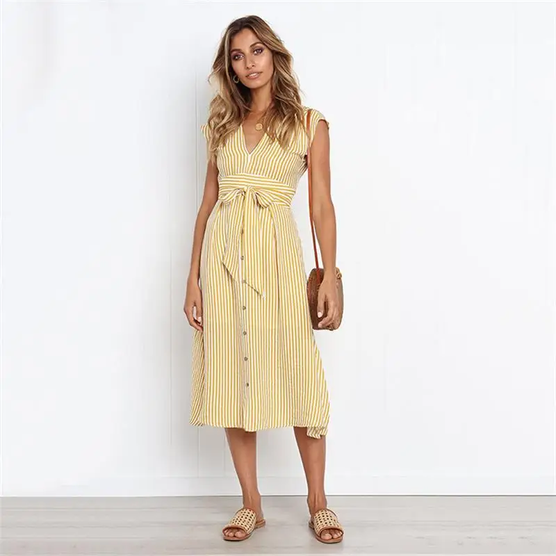 

New European and American spring and summer V-neck button print stripe Short Sleeve Dress