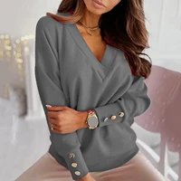 womens sweater autumn solid color deep v neck pocket single breasted long sleeve pullover knitted cardigan tops 2020 oversized
