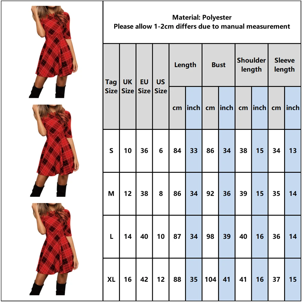 

Christmas Fashion Women Dress Plaid Print Half Long Sleeve Dress Round Neck Slim Fit Midi business Dress For Women's Office D25