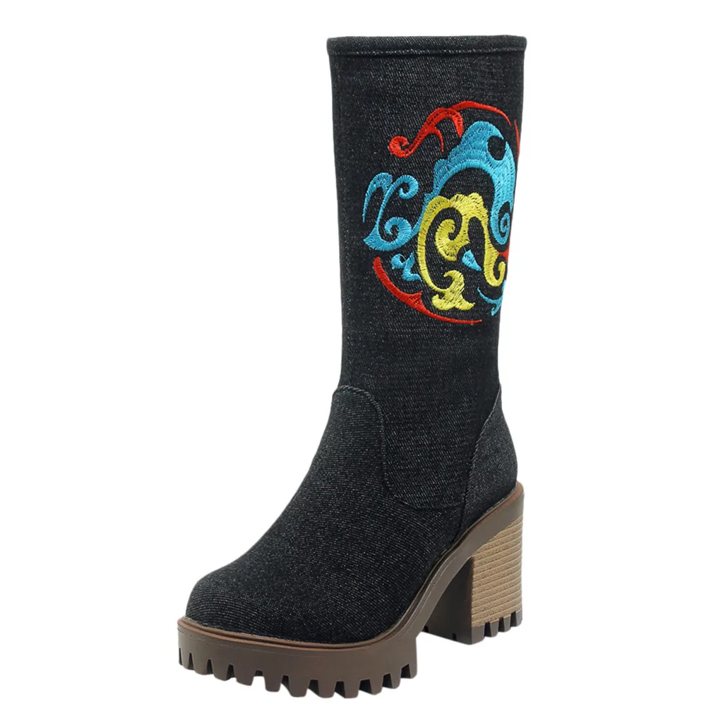 Женские высокие сапоги из джинсовой ткани в богемном стиле Замшевая обувь на