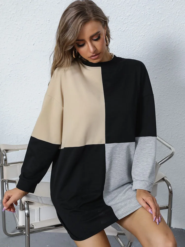 

Women's clothing Autumn 2021 new ins wind tide color matching round collar long long sleeve dress loose commuting