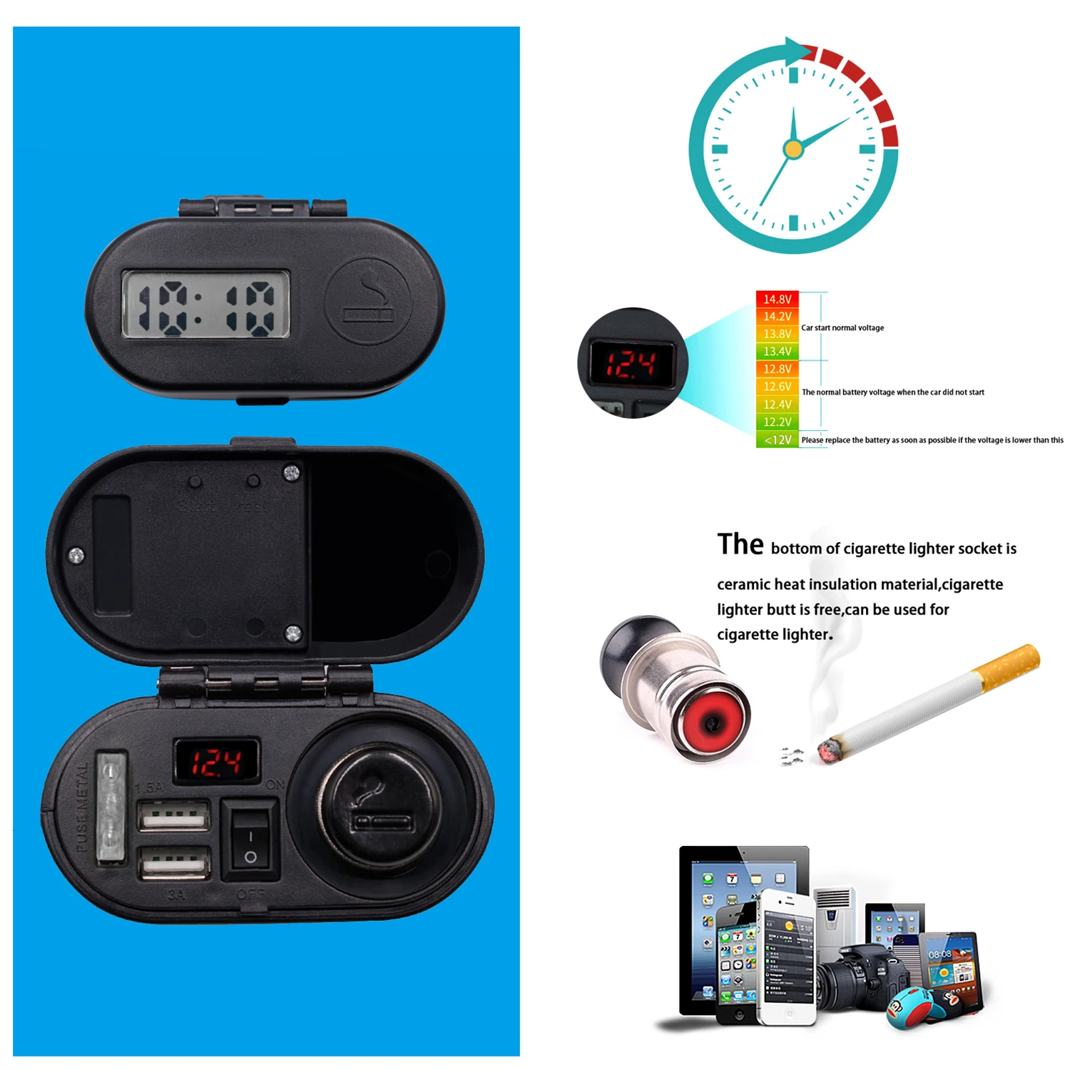 

Motorcycle Cigarette Lighter Socket Dual USB Quick Charger Voltmeter Digital Clock Switch Control Waterproof OCP