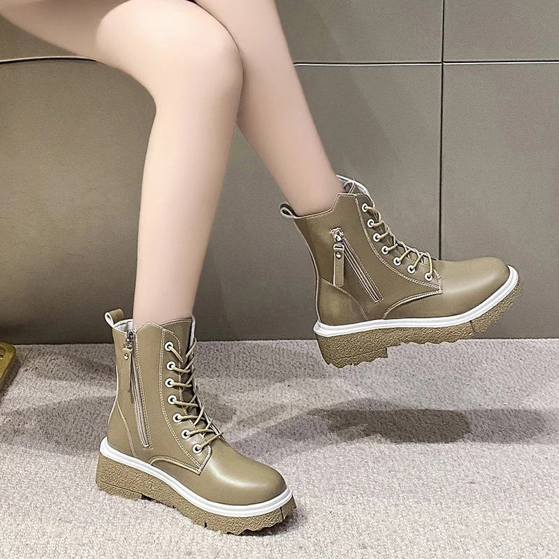 

Women's 2021 Autumn Winter New Lace-up Leather Short Tube Thin Bootsfashion Women Leather Boots Women 35-40 platform boots