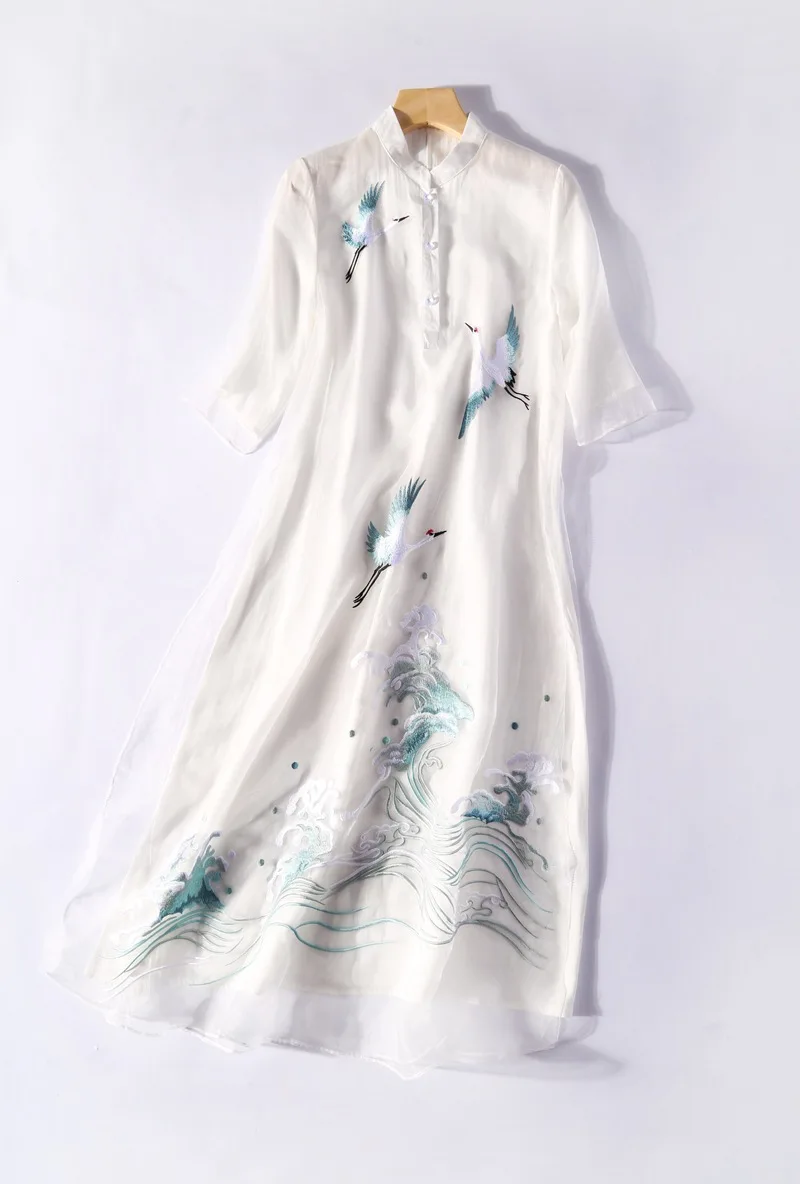 

New crane embroidery Chinese style Zen large women's medium length dress Hanfu