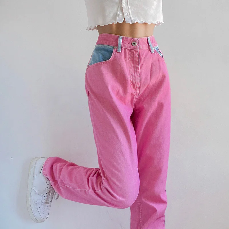 

WeiYao Pink Streetwear Cargo Pants Women Contrast Patchwork Vintage Straight Jeans Korean Fashion High Waist Denim Trousers