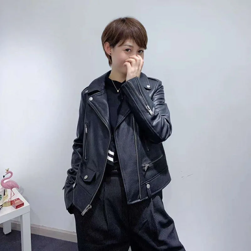 

Sheepskin bubble leather jacket women's coat spring 2020 Pattern of letters behind outerwear suede turn-down collar clothing