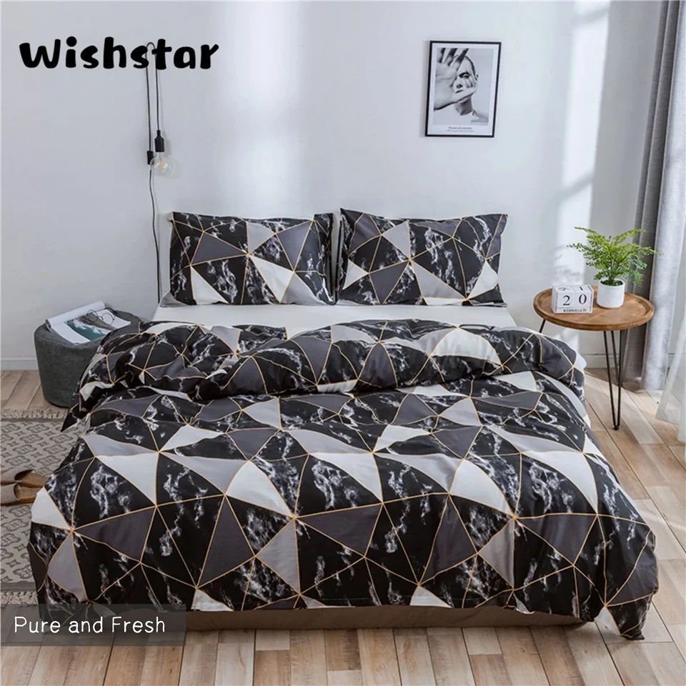 Wishstar, скандинавский геометрический мраморный хлопковый комплект постельного белья, плитка, пододеяльник, набор с 2 наволочками, черное постельное белье, простое теплое постельное белье