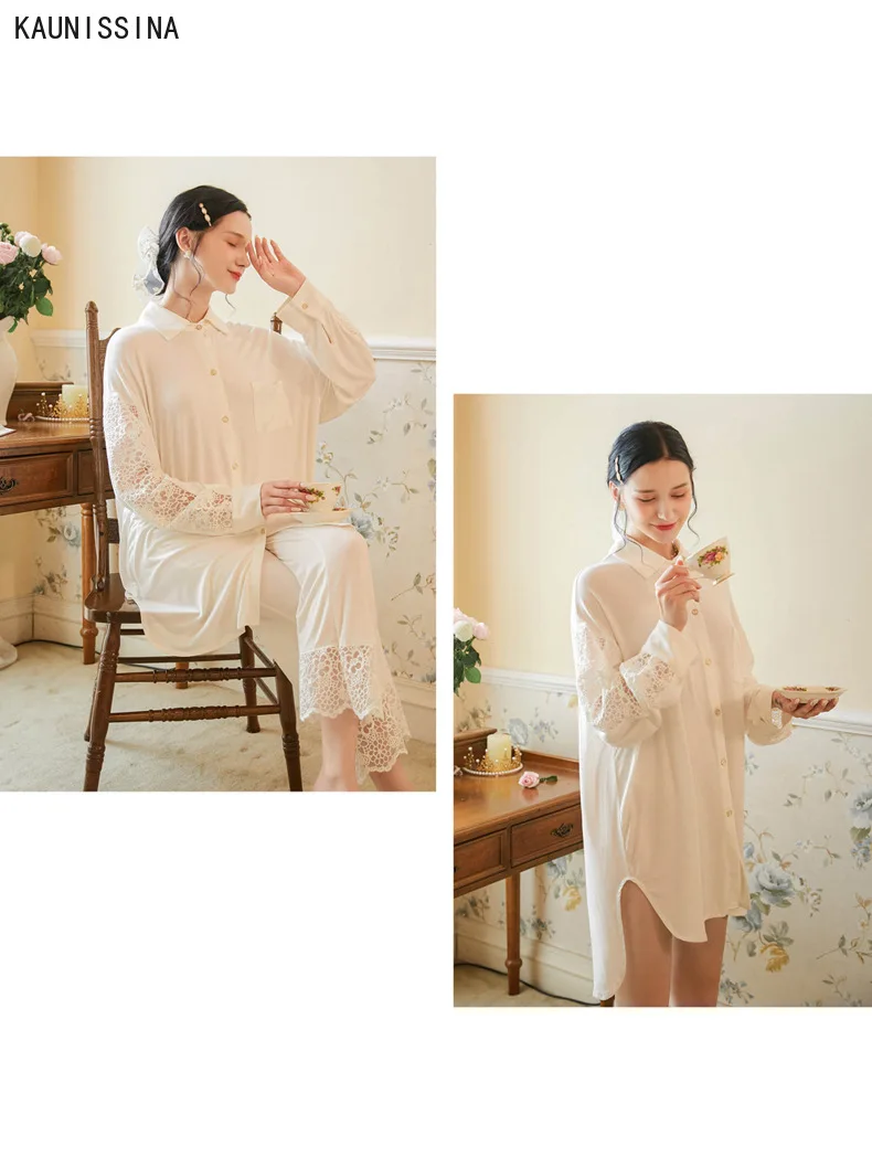 

Women Silk Modal Pajamas Long Sleeve Calf-Length Pants 2 Piece Princess Lace Sleepwear Set Female Sleeping Suit Sexy Homewear