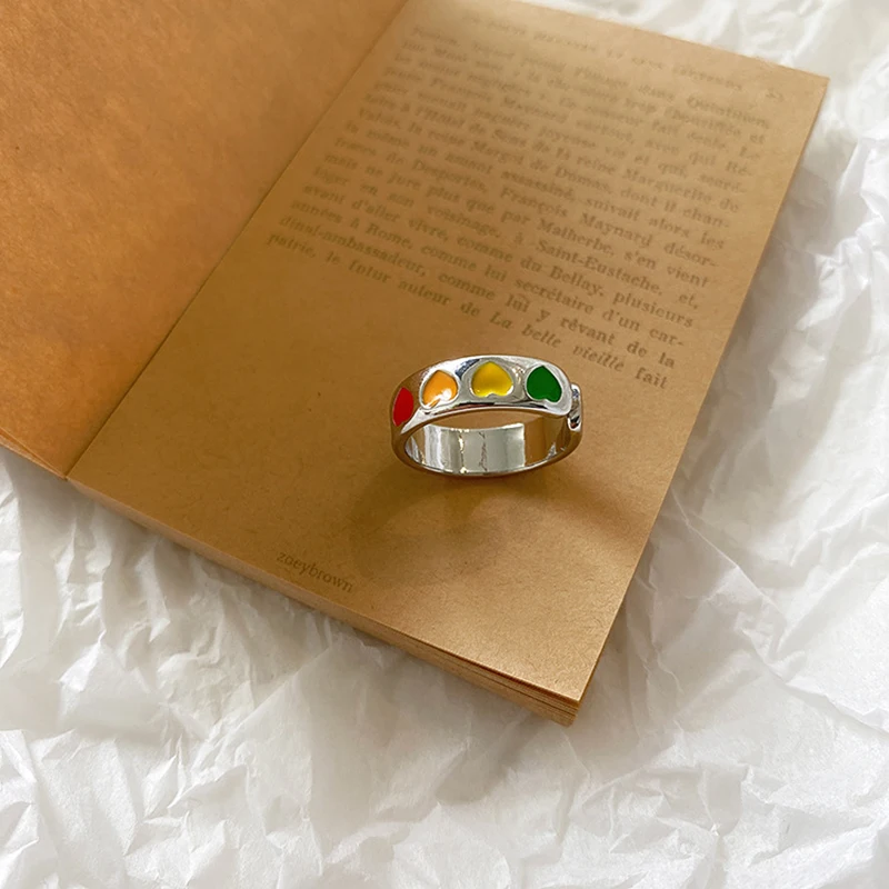 

Vintage Bohemia Colorful Enamel Love Heart Ring Cute Simple Metal Gold Silver Color Rings for Women Punk Rock Jewelry