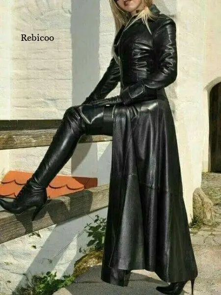 

Fashion Womens Outfit Women Vintage Faux Leather Coat Long Jacket Large Size Fake Leather Trench Coat Autumn Retro Overcoat