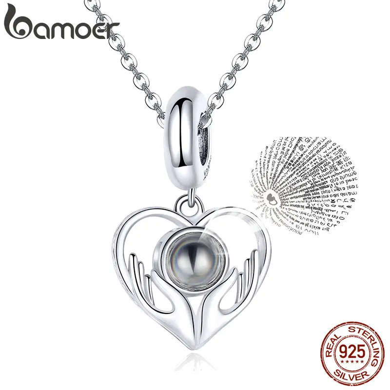 Bamoer 100 язык I Love You сердце Подвеска Шарм для браслета или ожерелья 925 пробы Серебряные Ювелирные изделия Подарки для девочек SCC1307