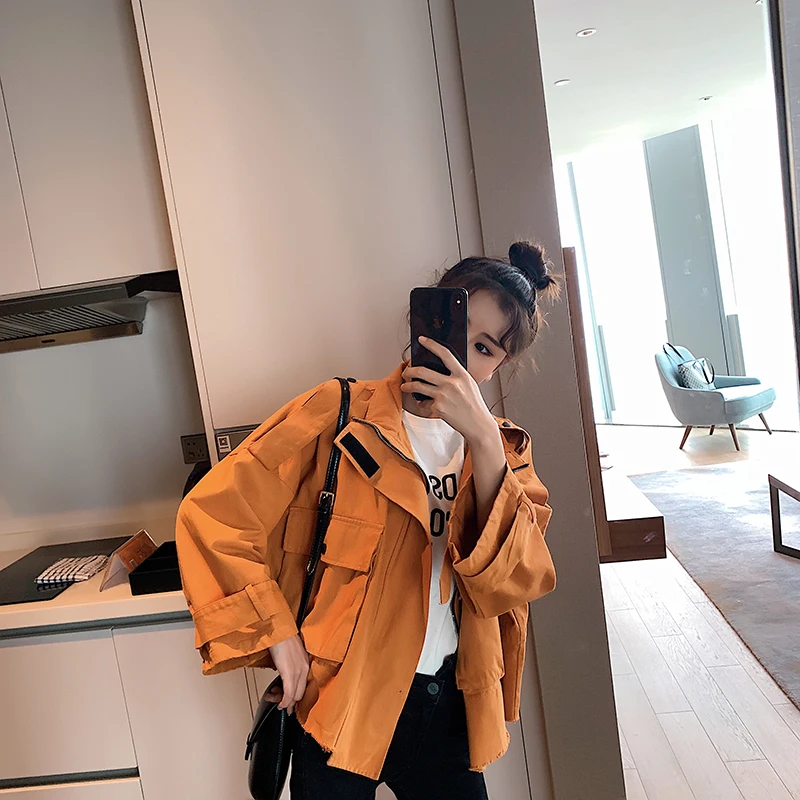 

Women's Early Autumn Dress In 2019 New Korean Version Of Bf Loose Fashion Jacket Short Tooling Windbreaker Small Coat Trend