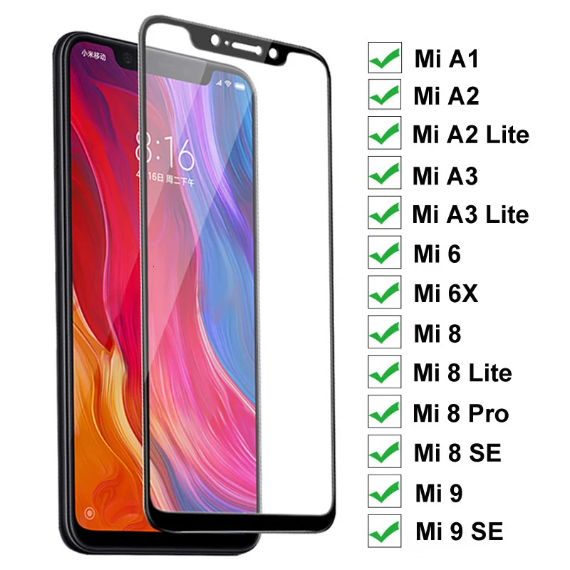 9H Защитное стекло для Xiaomi Mi A1 A2 A3 Lite 5X 6X закаленное 6 8 9 SE Pro полное покрытие