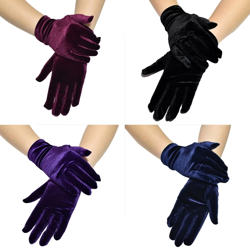

Women Short Velvet Full Finger Gloves Shiny Solid Color Gown Opera Wedding Banquet Dress Party Wrist Length Mittens