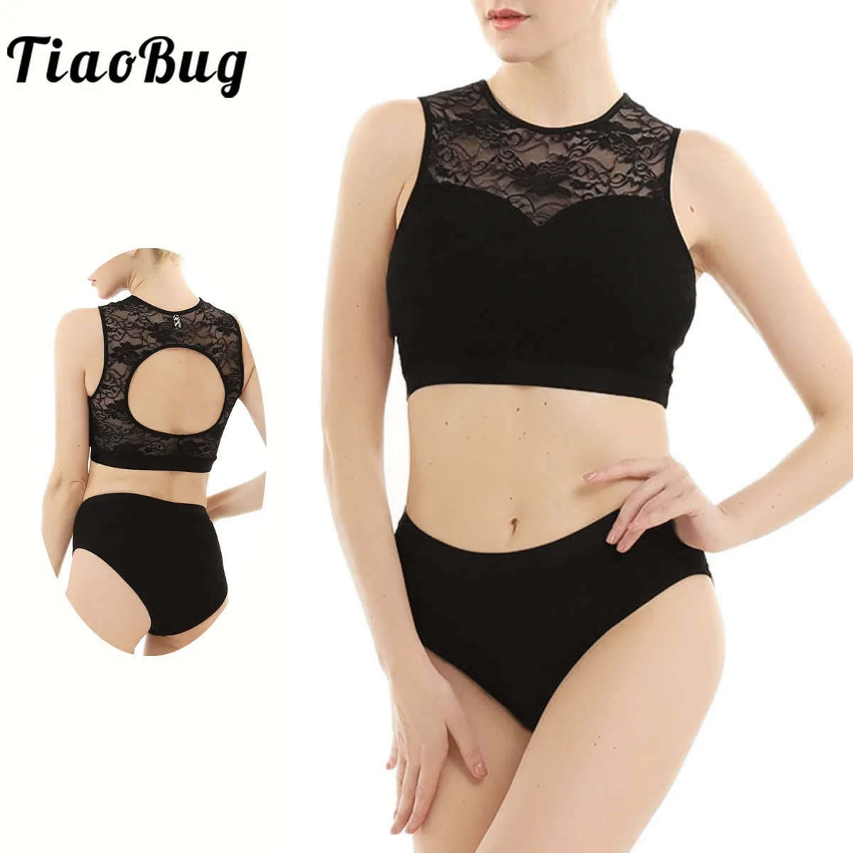 

2Pcs Women Shorts Crop Tops Dance Set Sleeveless Hollow Lace Pole Dance Ballet Activewear Dance Costume