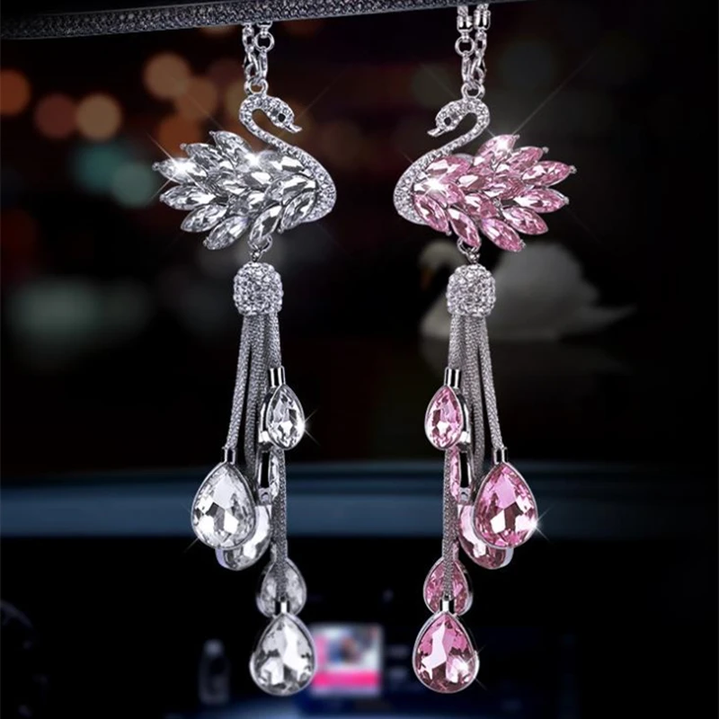 

New Hot Car Pendant Creative Crystal Swan Ornaments Cute Car Interior Decoration Auto Rearview Mirror Pendant For Women Or Girls