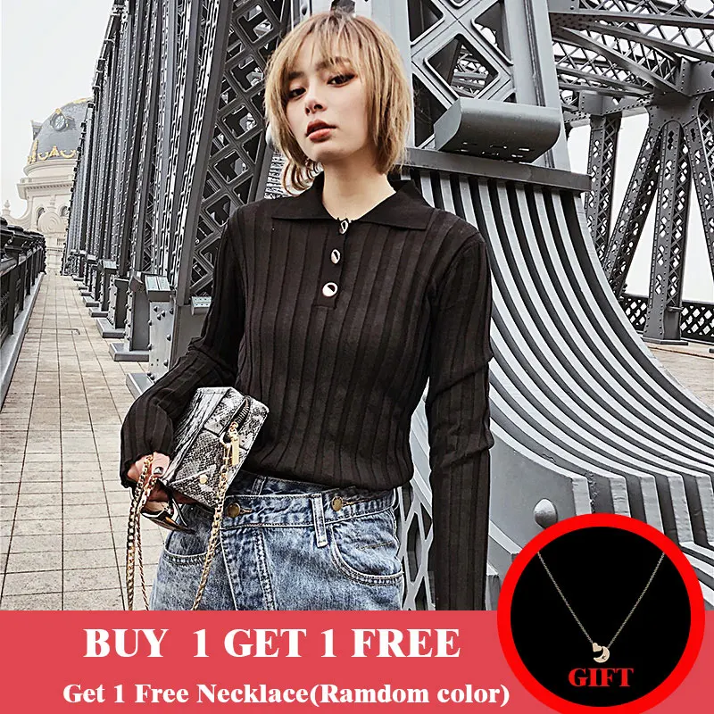 Модный вязаный свитер для женщин 2019 воротник поло пуговицы женские повседневные