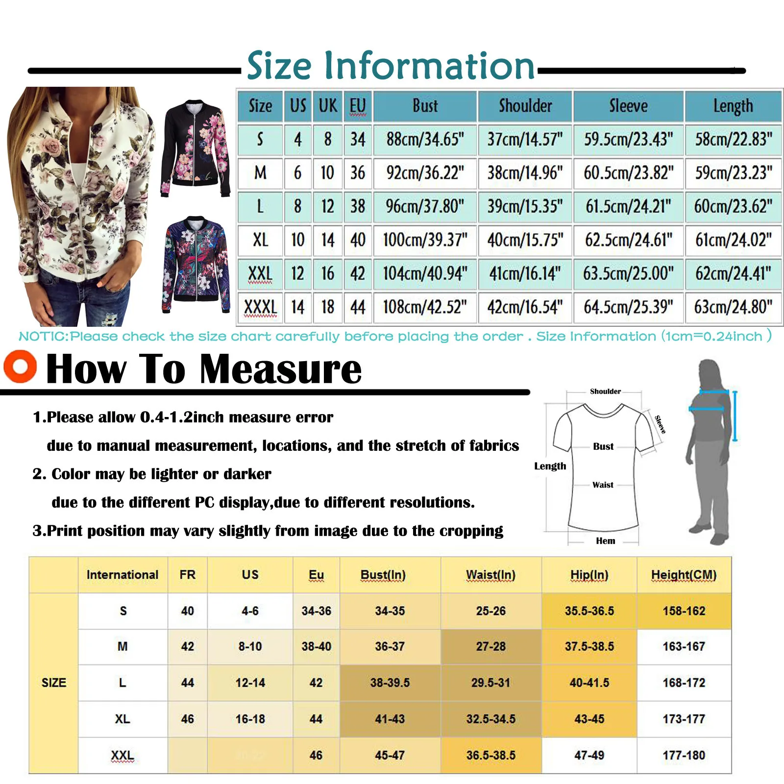 

Womens Jackets Retro Floral Printed Ladies Zipper Up Bomber Outwear Biker Celeb Long Sleeve Short Thin Casual Pocket Coats