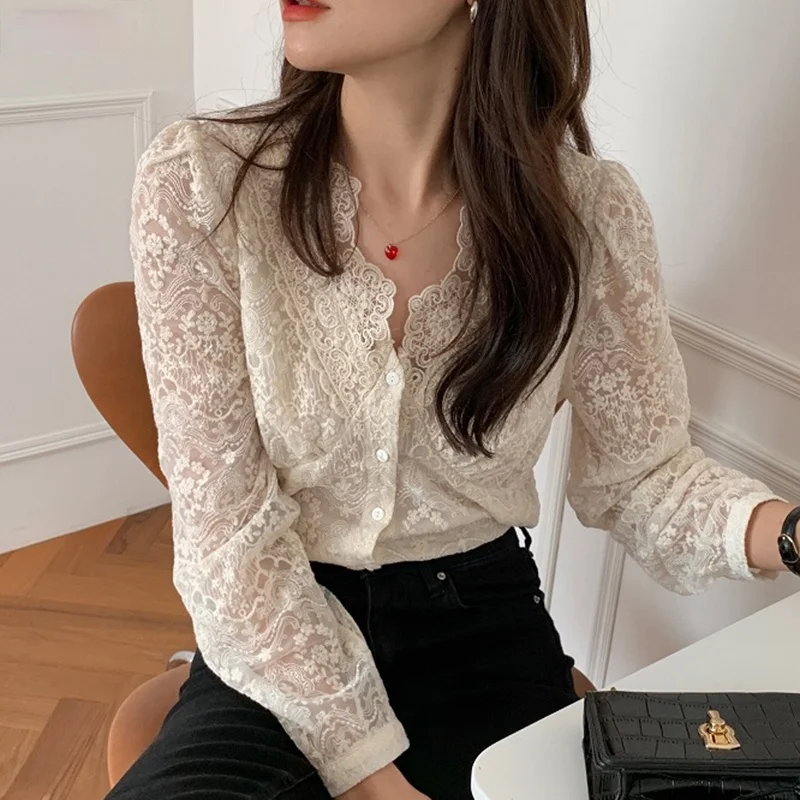 

Korean Chic Blouse Women Temperament V-neck Heavy Lace Crochet Floral Shirt See Through Tops Blusas Mujer De Moda 2021