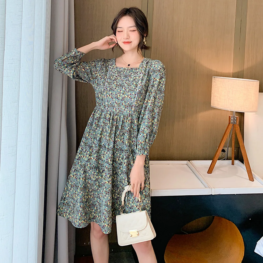 

2021 Spring Autumn High Waist A-Line Dresses Female Vintage Floral Print Corduroy Dress Mini Square Collar Women's Dress