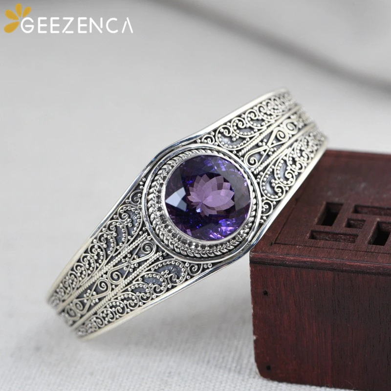 

Браслеты из тайского серебра 925 пробы, браслеты из аметиста, ювелирные украшения, Женский Открытый браслет, драгоценный камень, ручная работ...