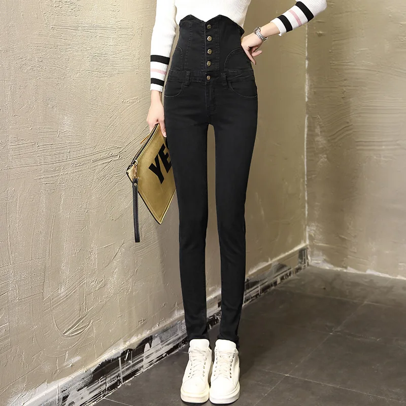 Женские узкие джинсы с завышенной талией синие эластичные джинсы-карандаш в