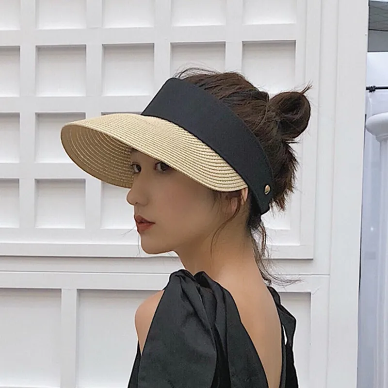 

Summer Magic Tape Straw Hats For Women Fashion Beach Visor Beanie Cap Adjustable Wide Brim Caps Uv Protection Breathable Sun Hat