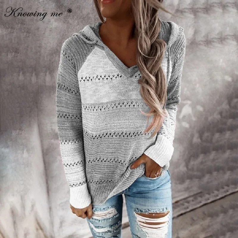 

5XL Hooded Sweater Women Sexy V Neck Patchwork Knitted Sweater Autumn Winter Striped Elegant Long Sleeve Pullovers streetwear