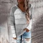Женский трикотажный свитер в полоску, с V-образным вырезом и капюшоном