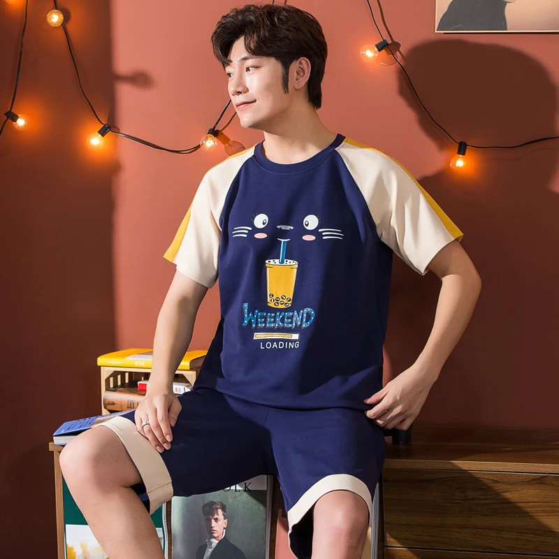 

Short Pant Male Men Pajama Set Plus Size 3XL 4XL 5XL Nightwear Short Sleeve Summer Cute Cotton Pajamas Sets Print Sleepwear