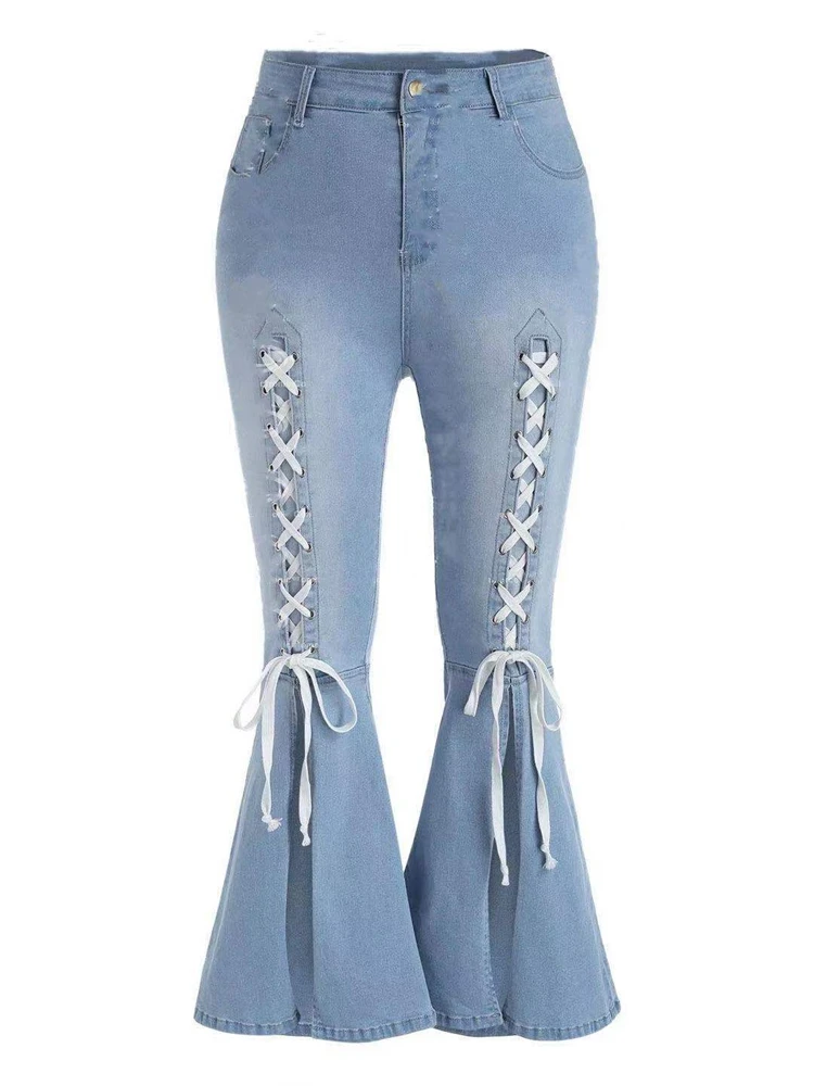 

WITHZZ Women's Fashion Bandage Denim Flared Wide Leg Pants Jeans