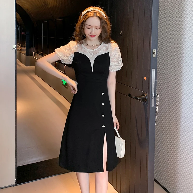 

2022 Summer Black Patchwork Mesh Beach Casual Midi Dress Women Korean Pearl Sexy Hollow Out Dress Bodycon Elegant Party Vestidos