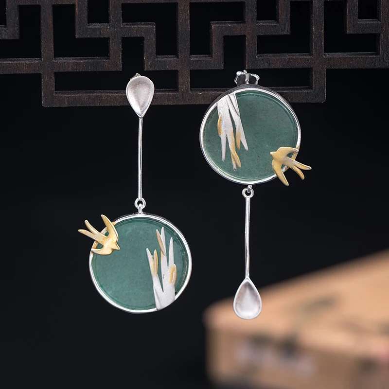 

VLA 925 Silver RETRO Art Design Flying Swallow Earrings Women's Temperament Generous Willow Leaf Earrings