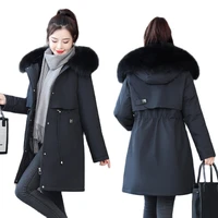 2021 new winter big fur collar x long parkas women hooded wool liner warm jacket ladies outwear adjustable waist thick coats