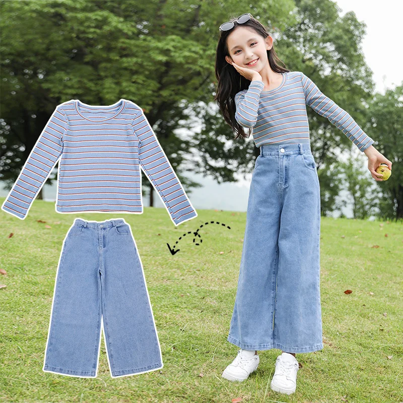 

Elegant Stripe Spring Autumn Sweater Cowboy Sets Warm Kids Girl Suits Sports Outfits Wide Leg Pants Teens Children High Quality