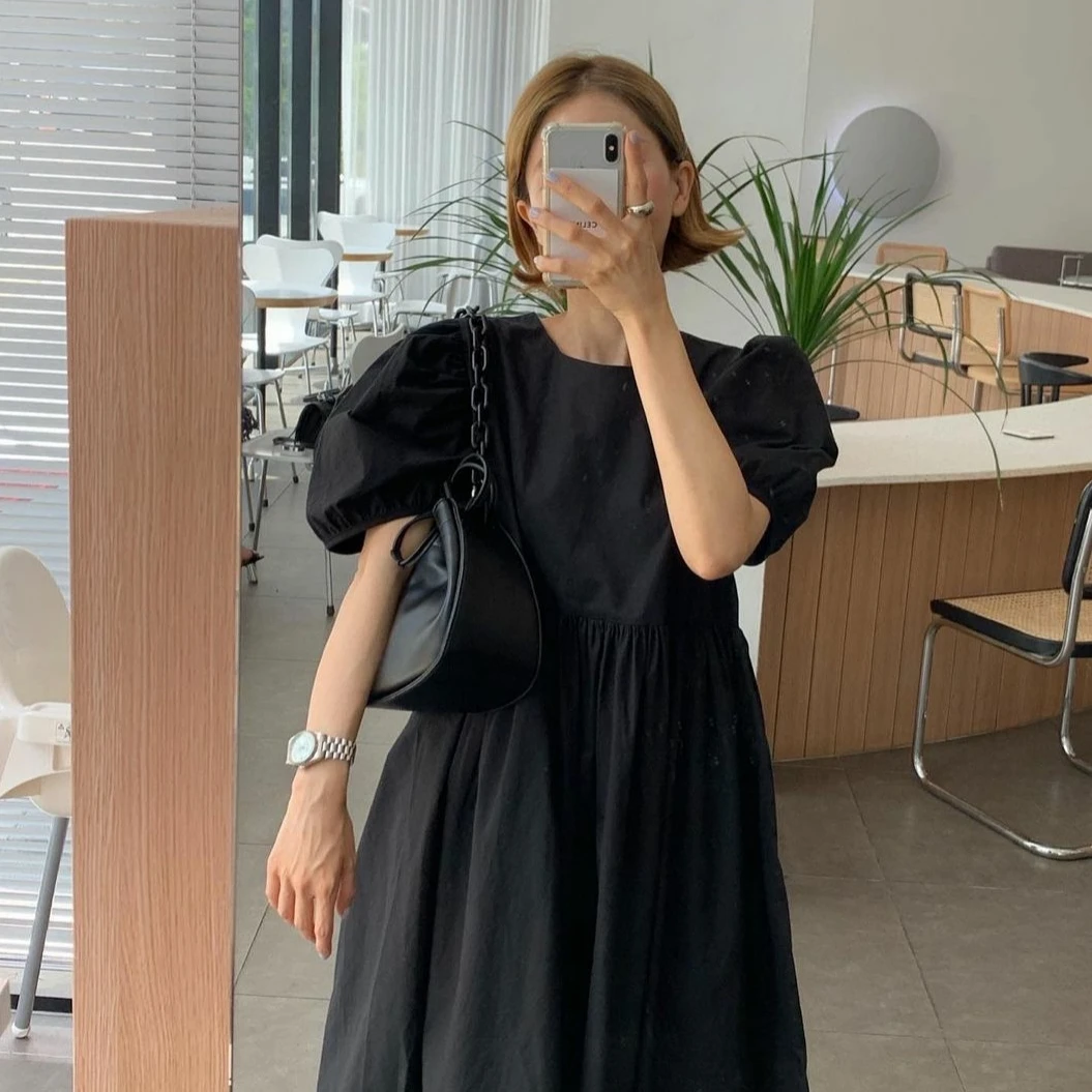 Корейское шикарное милое Молодежное приталенное платье ниже колена с пышными