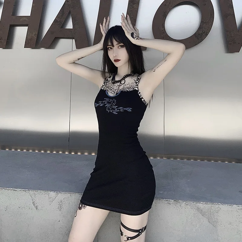 

Black Goth Women Sexy Dress 2022 Summer Lady Leopard Patchwork Sleeveless Mini Empire Gothic Dresses Fish Print Backless Vestido
