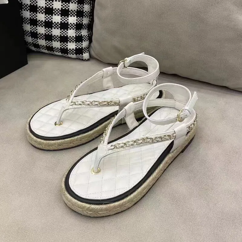 

Flip Flops Genuine Leather Women Sandals Ankle Strap Narrow Bands Summer Beach Shoes Mental Chain Decor Luxury Brand Design Shoe