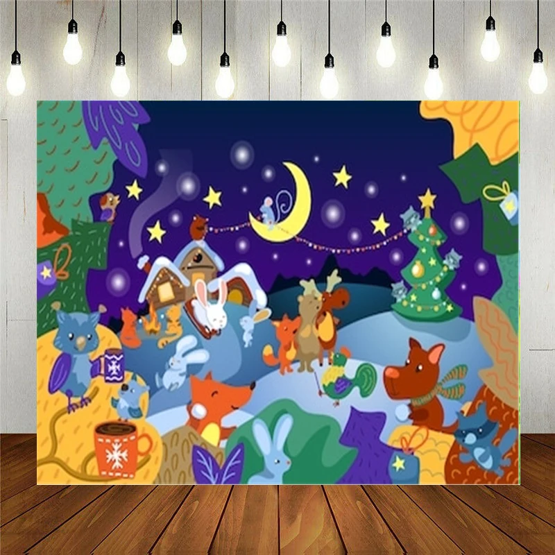 

Реквизит для фотостудии Виниловый фон для фотосъемки Рождественская сцена с персонажами животных и елкой украшение для детского дня рожде...
