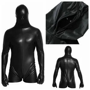 Adult Men Faux Leather Full Body Bodysuit Wetlook Hood Unitard Skinny Jumpsuit Leotard Top Clubwear Fetish Costume